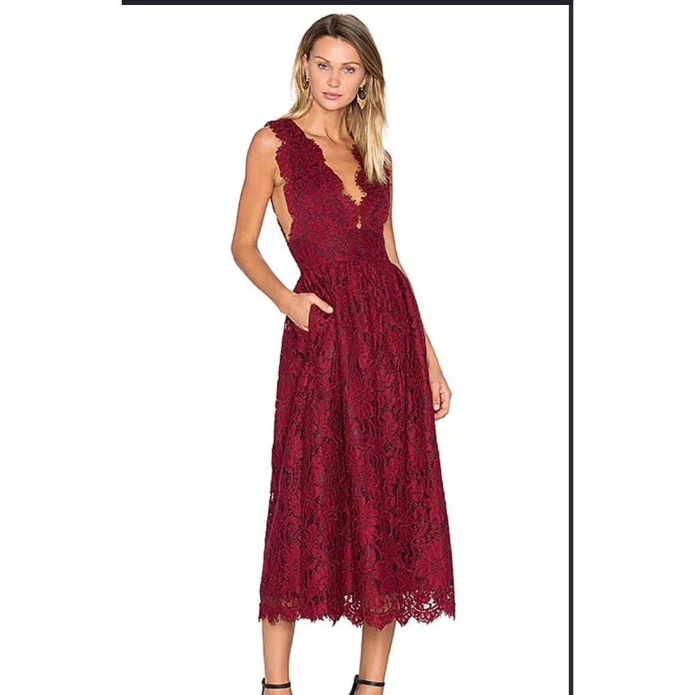 X by NBD Burgundy Floral Lace V-Neck Midi Dress Pockets Red Maroon Fall Holiday